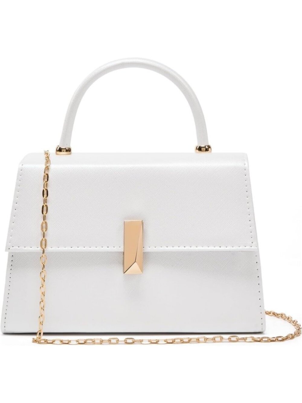 Women's White PU Leather Top Handle Evening Clutch Purse with Gold Metal Clasp